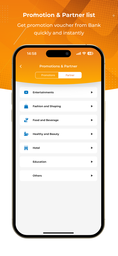 CPBank Mobile Banking app promotions and partner category list screen