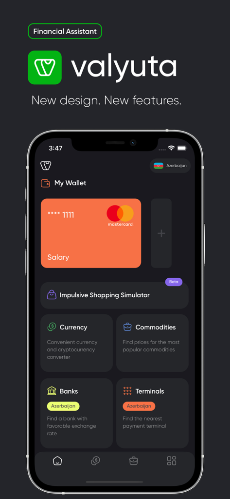Valyuta Mobile App-Oberfläche mit Finanzassistentenfunktionen und Währungsumrechnungswerkzeugen