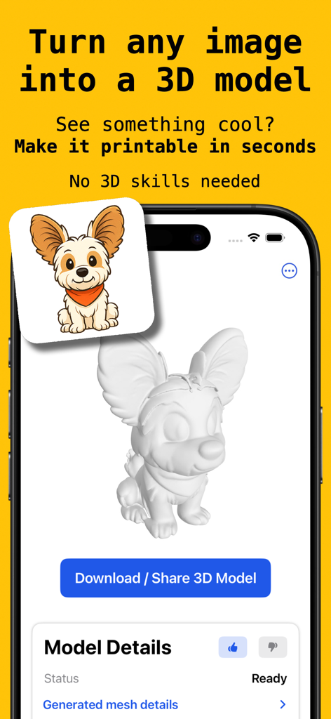 Smartphone screen displaying the 3Dup app converting a dog illustration into a 3D printable model
