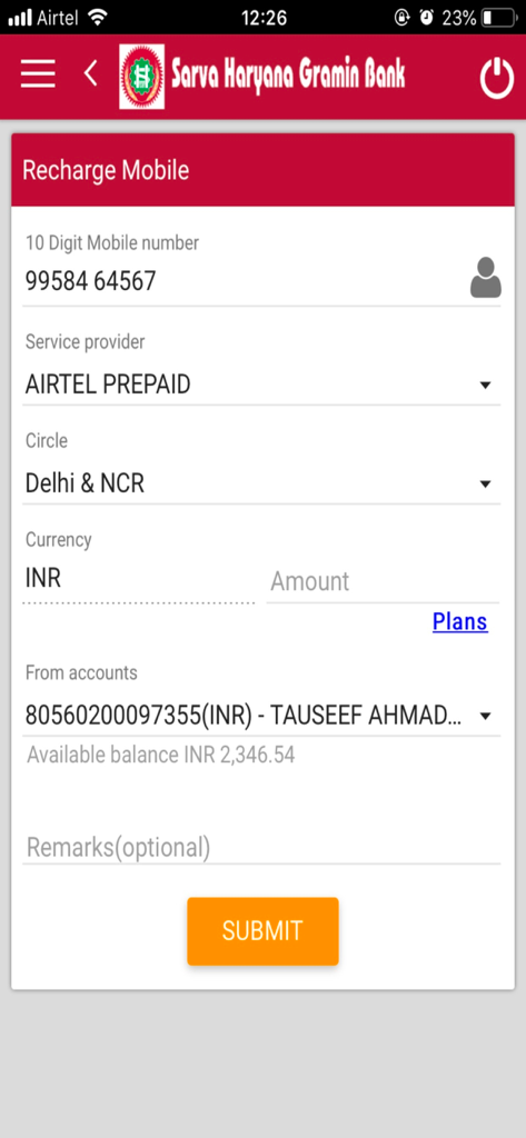 A mobile app screen for recharging a prepaid mobile phone on the Sarva Haryana Gramin Bank banking app