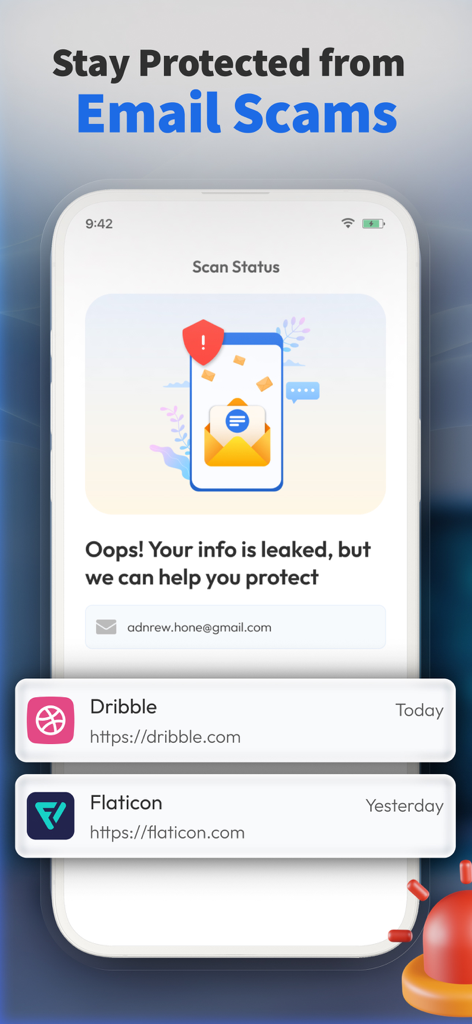 Hacker Protection, Private VPN - Prosec Mobile interface displaying email leak alerts and data breach protection status