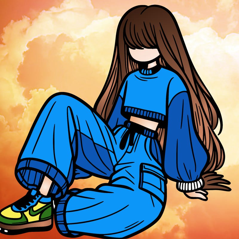 a girl with baggy pants and a crop top with long hair