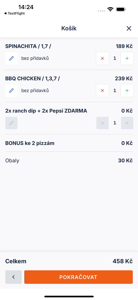 Salty - Salty app shopping cart screen showing pizza orders and total price in Czech Koruna
