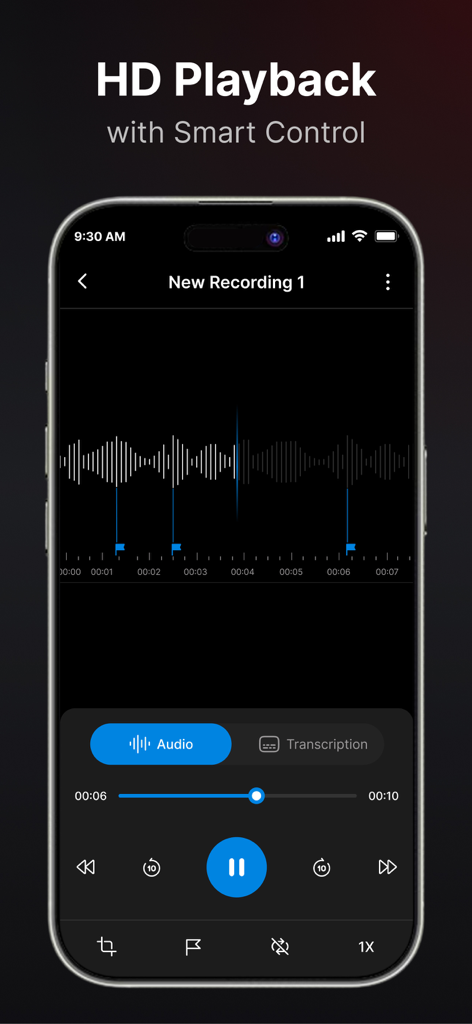 Voice Recorder : Voice Memos - Interfaz de la aplicación Grabadora de Voz mostrando controles de reproducción HD y forma de onda de audio