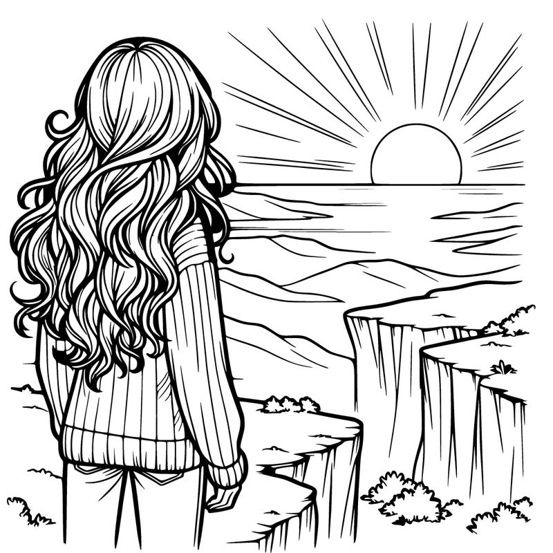 realistic  girl, standing on a cliff looking at the sunset