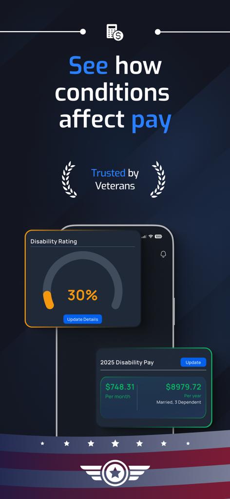 VA disability app screen showing a thirty percent rating and monthly compensation for a married veteran with three dependents