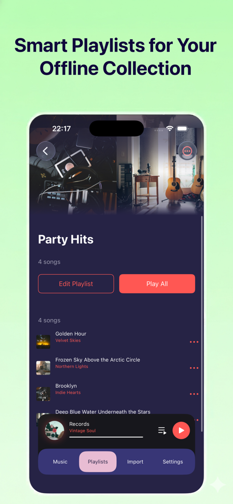 Interfaccia dell'app Musify che mostra una playlist intelligente per una collezione musicale offline con tracce e controlli di riproduzione.