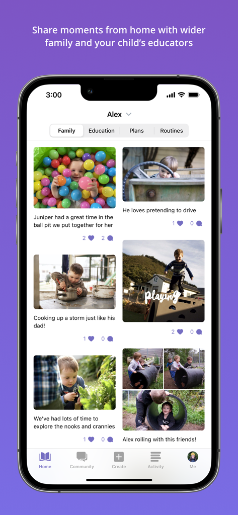 Storypark for Families - Private home feed in the Storypark for Families app showing photos and stories of a child's milestones.
