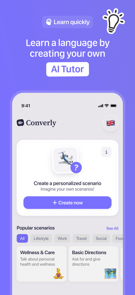 Converly app interface for creating personalized AI tutor scenarios for language learning.
