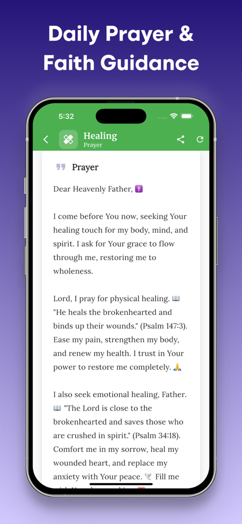 BibleHi: Bible Chat & Prayer - Interfaz de la aplicación BibleHi que muestra una oración diaria para la sanación con versículos de la Biblia.