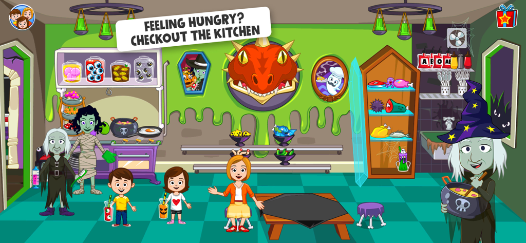 My Town : Haunted House - Characters in a spooky kitchen with a witch and mummy in the My Town Haunted House game