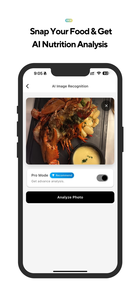 DineWell AI - DineWell AI mobile app interface for snapping a photo of food to get AI nutrition analysis