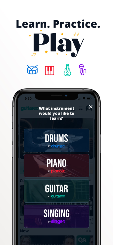 Smartphone interface for Musora showing music lesson options for drums, piano, guitar, and singing.