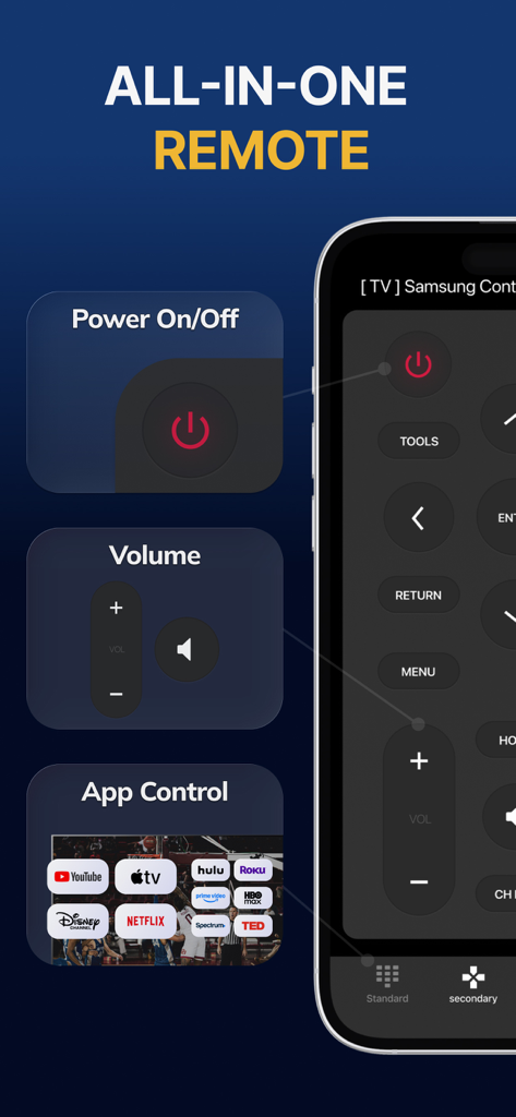 Interfaccia dell'app Samsung Smart TV Remote Plus che mostra scorciatoie per le app di streaming, volume e accensione