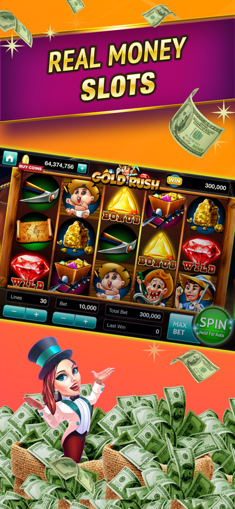 SpinToWin Slots & Sweepstakes - SpinToWin mobile slot game interface with a Gold Rush theme and cash rewards