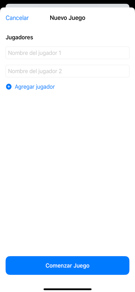 Carioca (Score) - Pantalla de nuevo juego en la aplicación Carioca para agregar jugadores e iniciar una partida