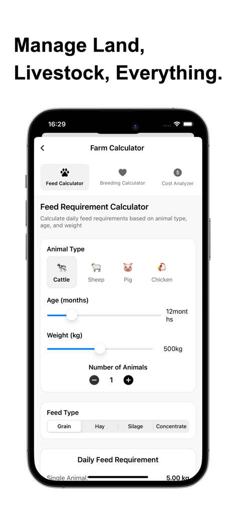 Livestock Manager-Farm Records - Livestock Manager app feed requirement calculator interface for cattle and sheep