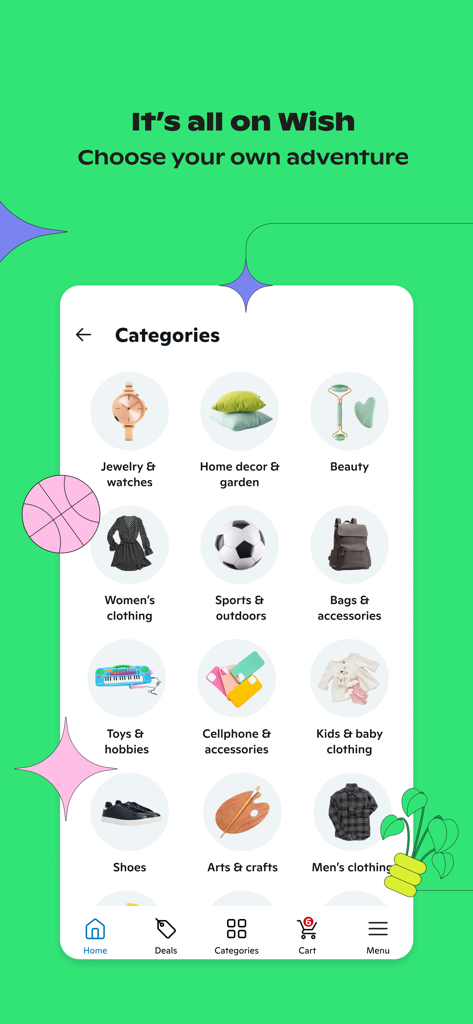 Una interfaz móvil de la aplicación Wish que muestra diversas categorías de productos, incluyendo moda, decoración del hogar y electrónica.
