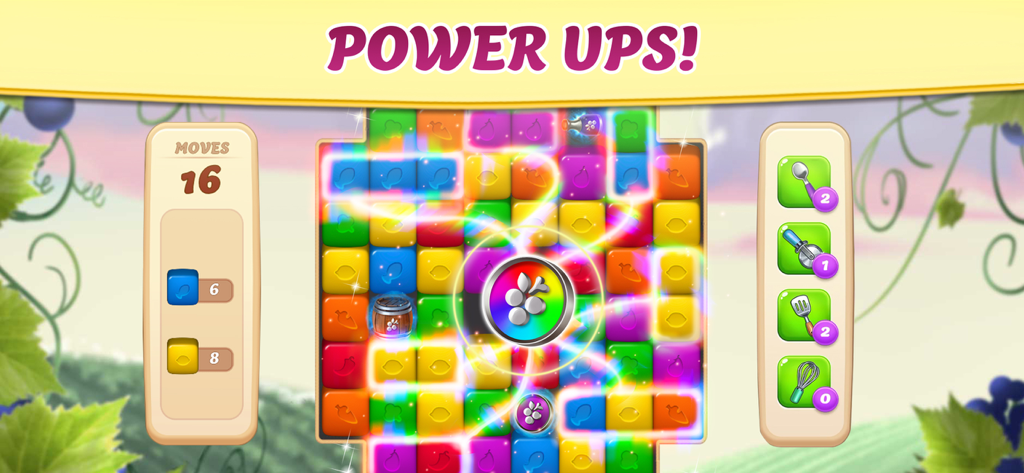 Une grille de puzzle blast match-3 dans Vineyard Valley présentant des blocs colorés et l'activation d'un bonus arc-en-ciel.