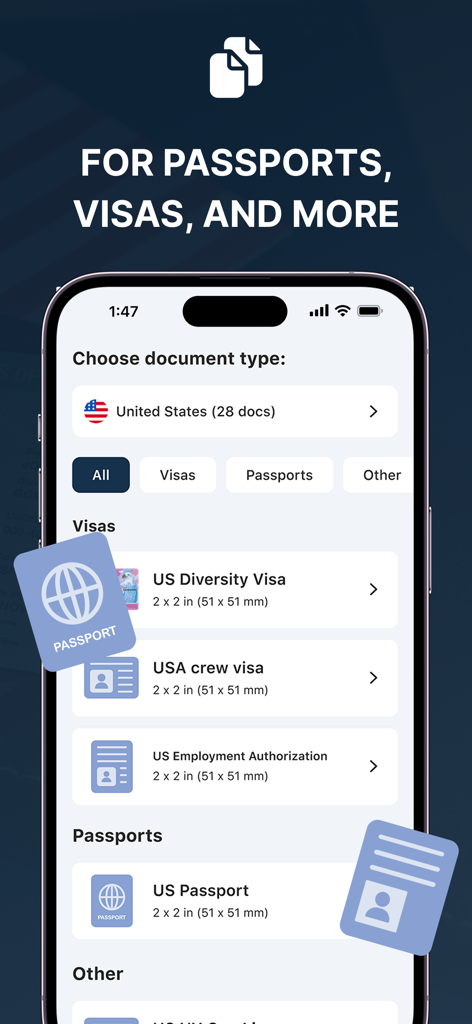 Passport Photo Maker－ID, Visa - Interface of Passport Photo Maker app showing US document options for visas and passports