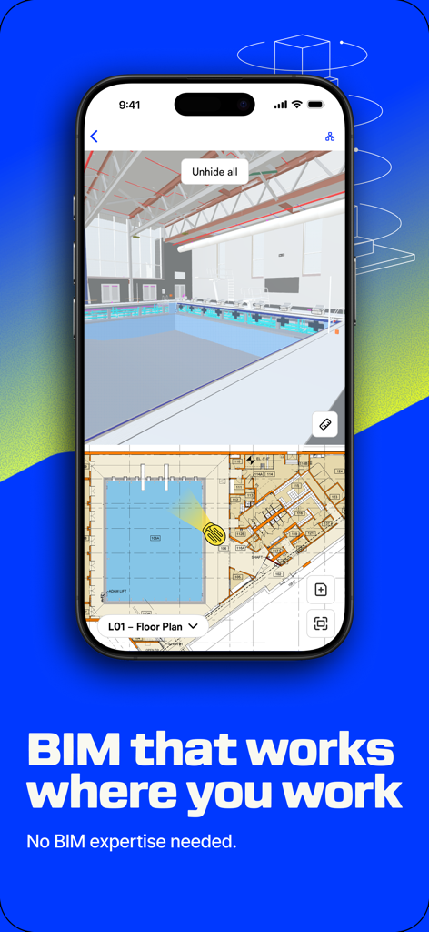 Mobile interface of OpenSpace.ai app showing a 3D BIM model and a 2D floor plan for a construction site