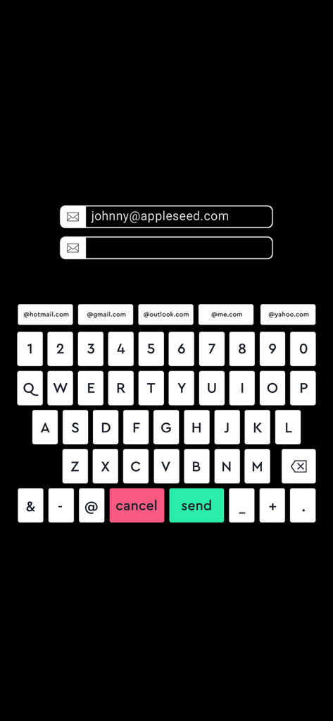 Breeze Booth - Breeze Booth app interface showing a custom email entry keyboard with domain shortcuts for quick photo sharing