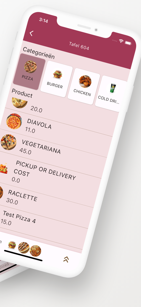 Resto Cerme - O aplicativo Resto Cerme exibindo categorias de menu de restaurante e itens de pedido em um iPhone
