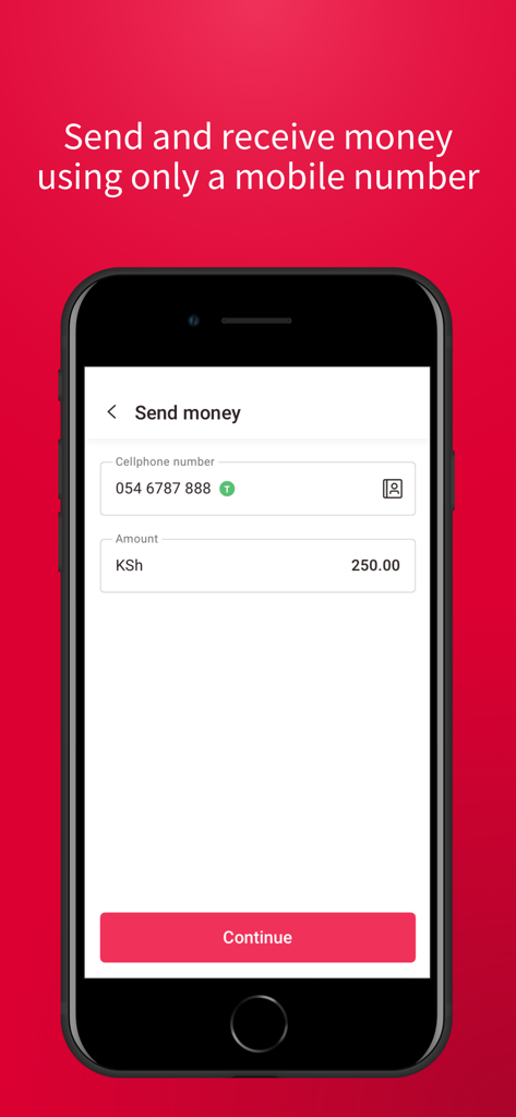 Timiza - Timiza app interface for sending money to a mobile number in Kenyan Shillings
