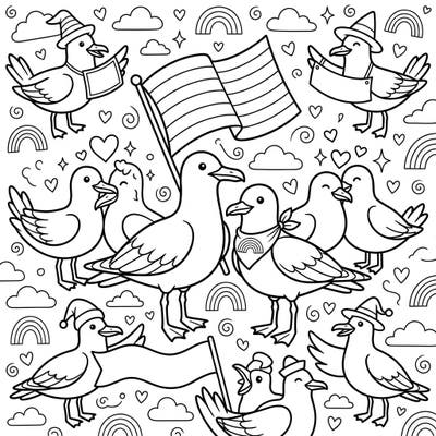 Spread love and color with this heartwarming Pride-themed coloring page featuring a cheerful flock of seagulls. Designed with clear, large outlines, it's perfect for a relaxing and engaging coloring experience tailored for seniors.