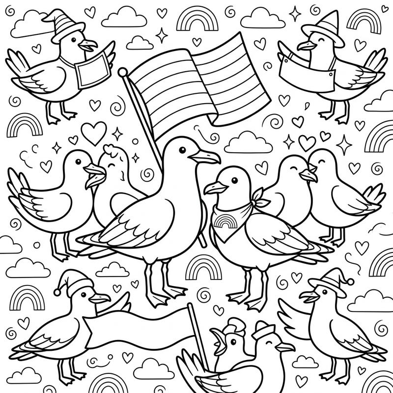Spread love and color with this heartwarming Pride-themed coloring page featuring a cheerful flock of seagulls. Designed with clear, large outlines, it's perfect for a relaxing and engaging coloring experience tailored for seniors.
