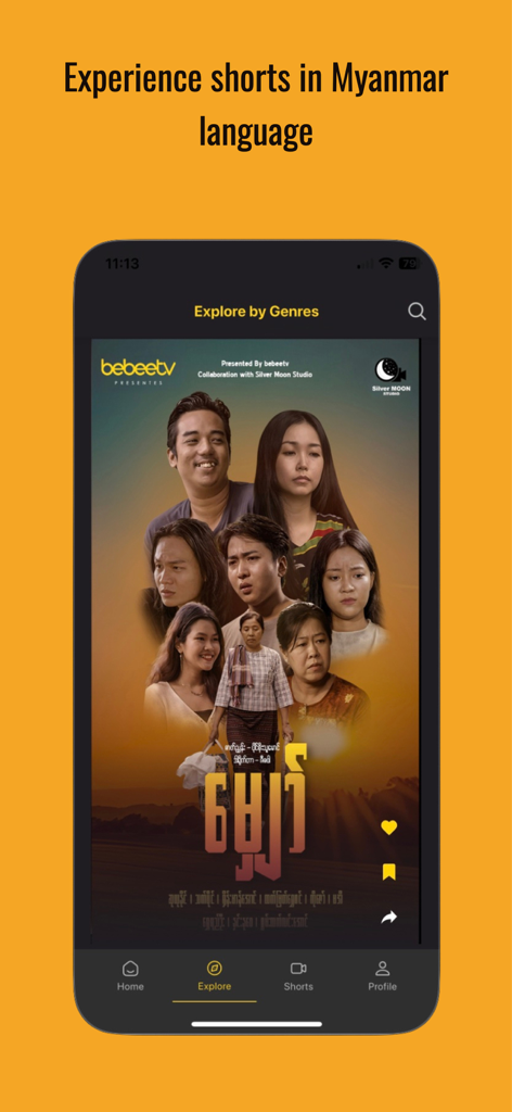 Bebee TV mobile app interface showing a poster for a drama series in Myanmar language on the explore page.