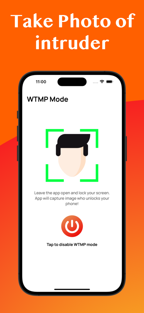 WTMP | Who Touched My Phone? - WTMP app screen showing the intruder photo capture feature with a face icon and activation button