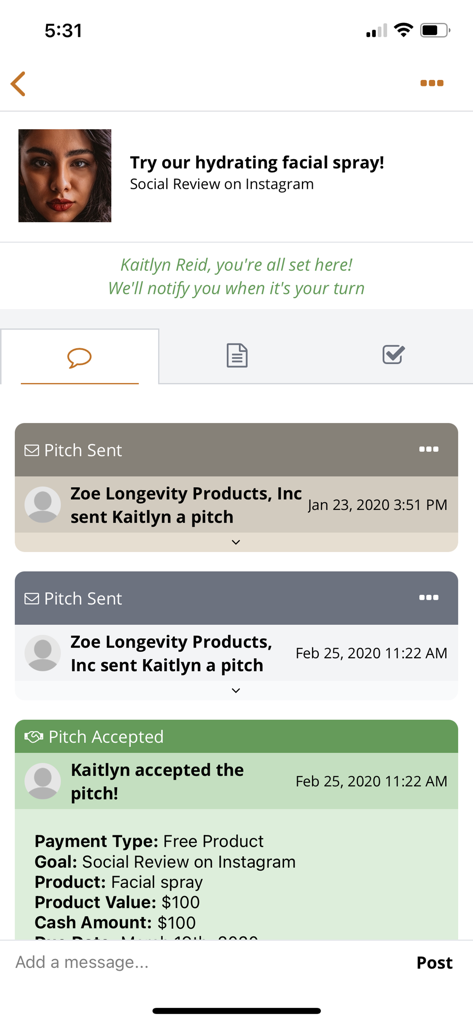 Intellifluence - Interface of the Intellifluence app showing an accepted pitch from a brand for a product review.