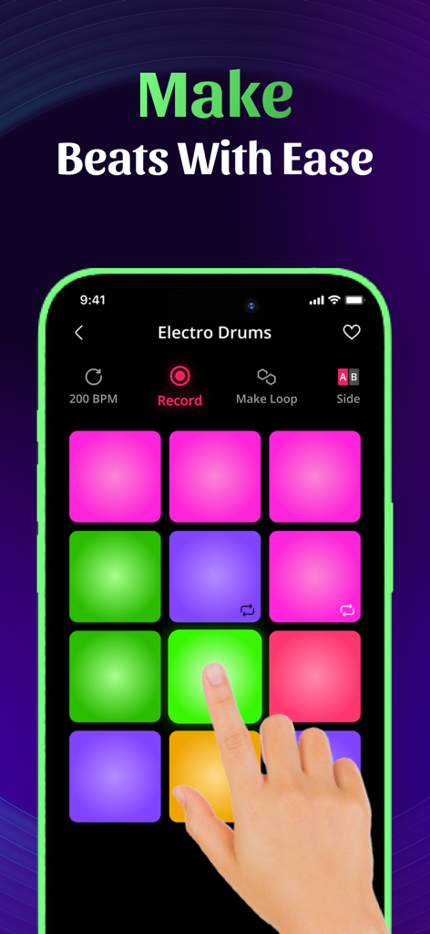 Smartphone displaying the Drum Pad Beat Maker app interface with colorful electronic music pads and a finger tapping a green button.