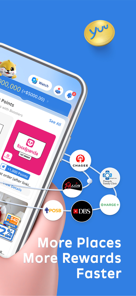 yuu SG - yuu SG mobile app interface showing rewards points and partner brand logos