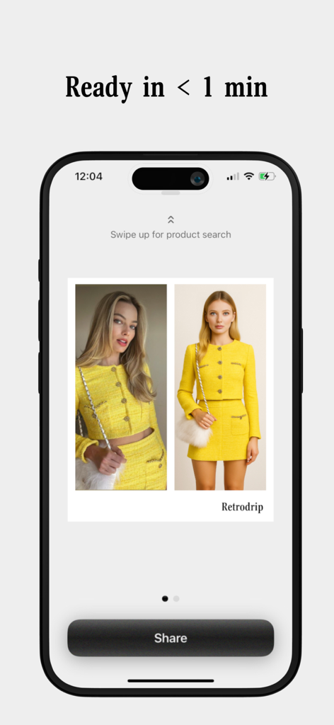 Retrodrip: Try-on screenshots - Retrodrip app interface showing a side by side virtual try on of a yellow outfit on an iPhone screen