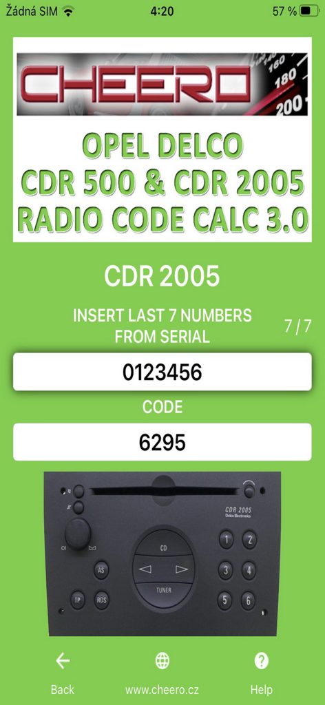Opel Delco CDR 2005 radio unlock code calculator app interface showing code generation
