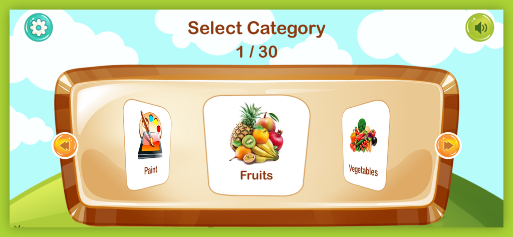 Kids All in One Pro app category selection screen for fruits vegetables and painting