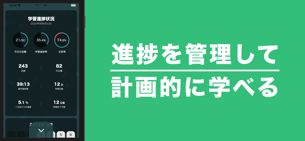 社労士秒トレアプリのスクリーンショット。統計と目標を含む学習進捗ダッシュボードが表示されている。
