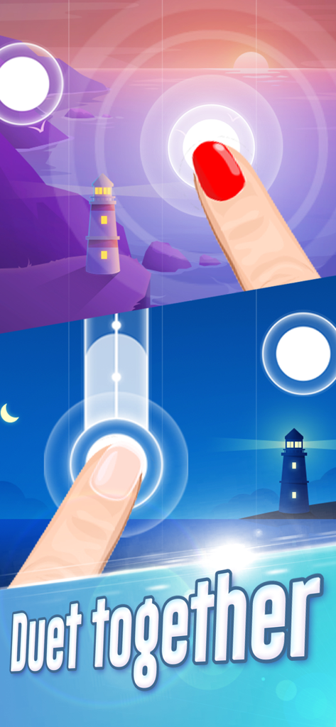 Una captura de pantalla del juego móvil Dream Piano que muestra a dos jugadores tocando notas en modo dúo