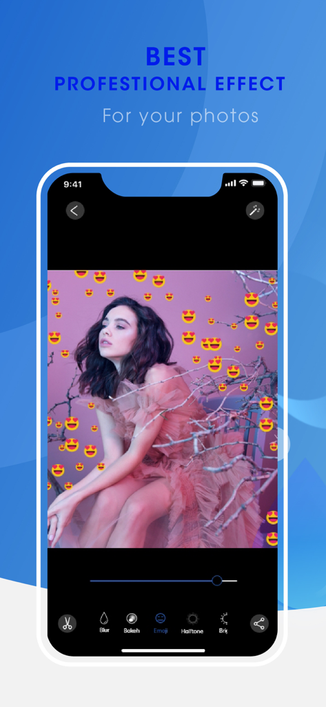 Auto Blur Background - Interfaz de la aplicación Fondo de Desenfoque Automático que muestra una foto de retrato con filtros de fondo de emoji de ojos de corazón.