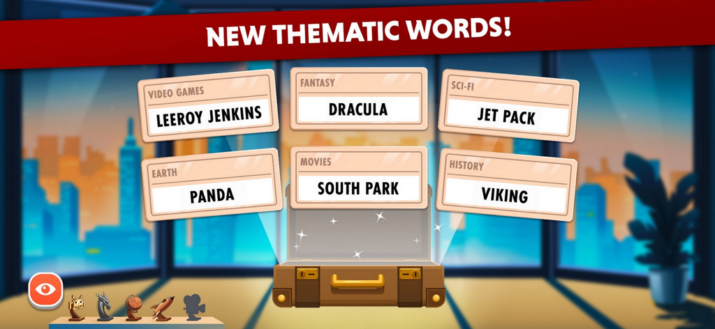 Benutzeroberfläche der Codenames Mobile-App mit neuen thematischen Wortkategorien wie Videospiele, Fantasy und Sci-Fi.
