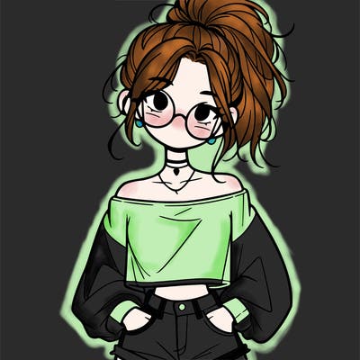 girl with a messy ponytail glasses a baggy crop top and jean shorts