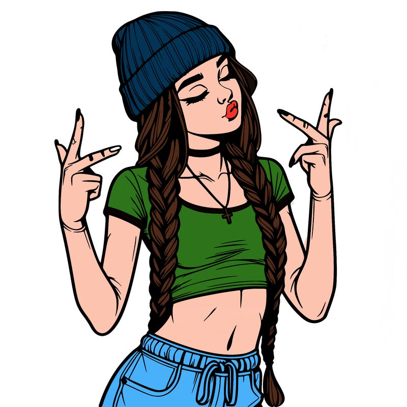 realistic teenage girl with braids and a beanie and crop top doing 🫶🏼