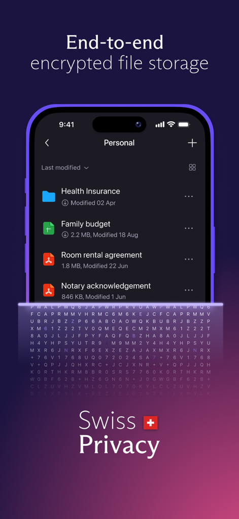 Proton Drive: Cloud Storage - Interfaccia dell'app Proton Drive che mostra l'archiviazione crittografata end-to-end e il marchio di privacy svizzero