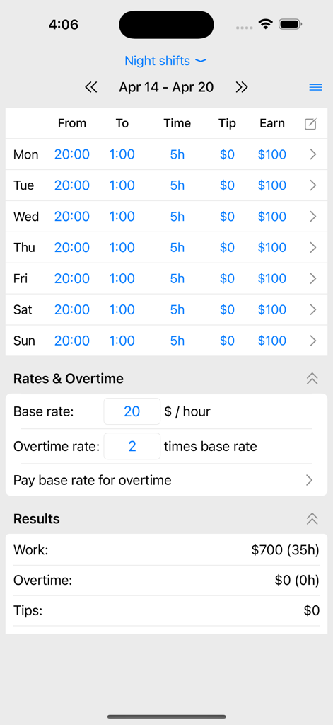 Pantalla de la aplicación Calculadora de Salarios que muestra horas de trabajo semanales, tarifas base y cálculo de ingresos totales.