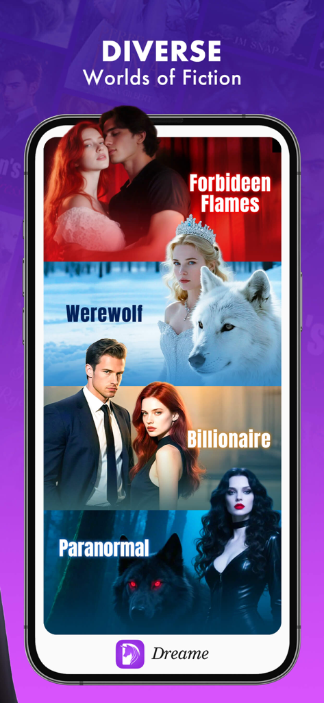 Smartphone screen displaying Dreame app romance genres like Werewolf Billionaire and Paranormal
