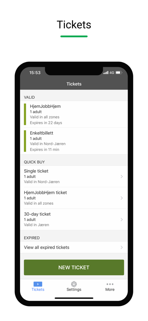 Kolumbus Billett mobile app interface displaying valid tickets and quick buy options for public transport
