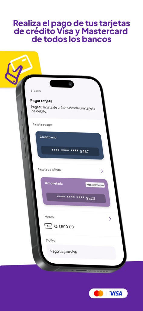V.way - Interface do aplicativo V.way para pagar cartões de crédito Visa e Mastercard em tempo real