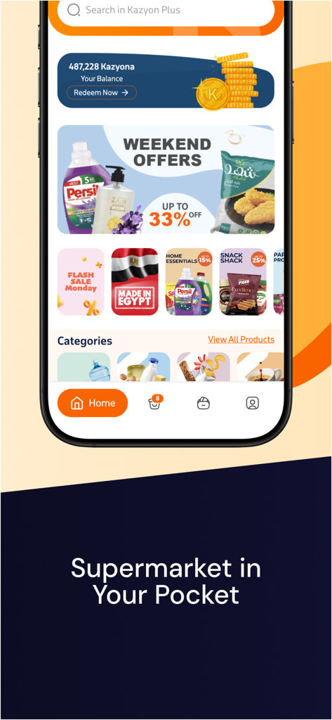 Kazyon Plus - Kazyon Plus mobile app home screen with grocery discounts and loyalty rewards points